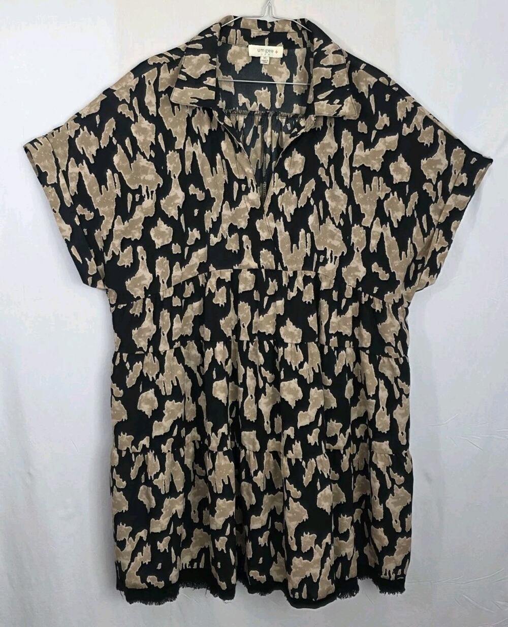 Umgee XL Babydoll Dress Short Tiered Sleeve Raw Hem Animal Print Boho Festival